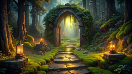 Mysterious Forest Path: Lit Candles Guide to Ancient Doorway Stock Photo