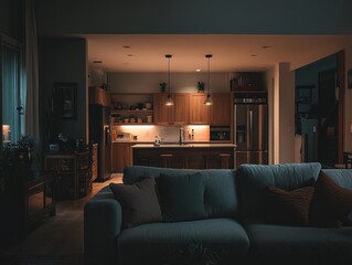 Cozy living room and kitchen at night, warm lighting, comfortable couch.