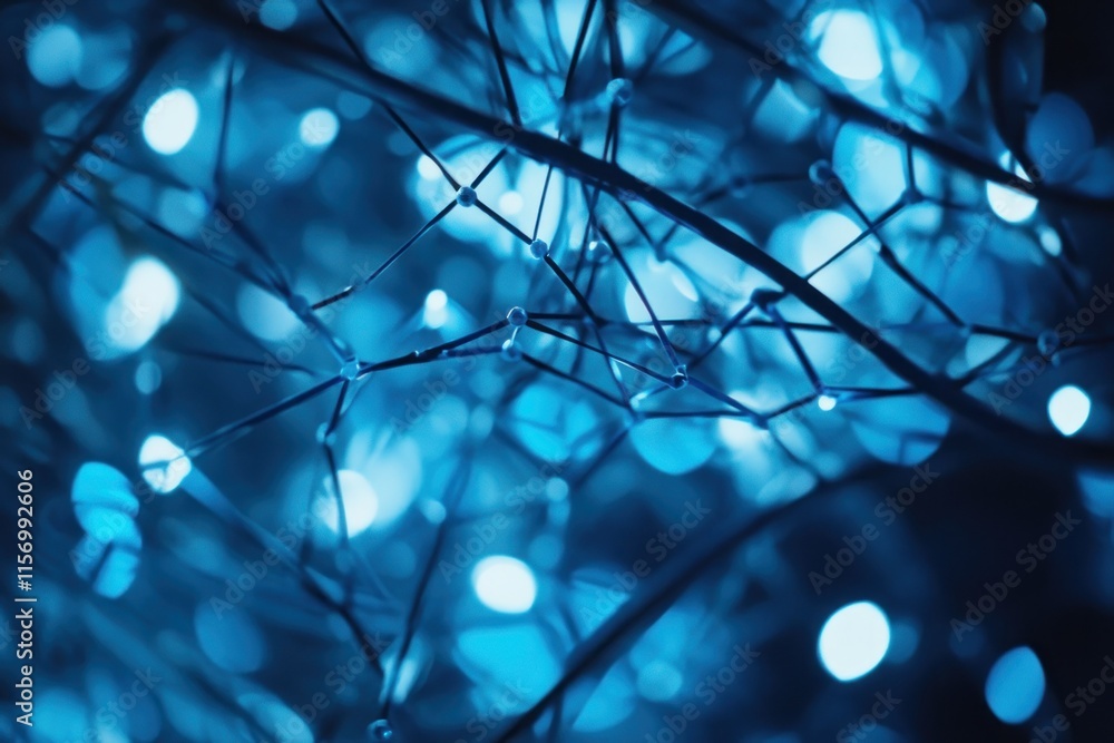 Poster close-up of illuminated branches at night, bokeh effect, blue tones.