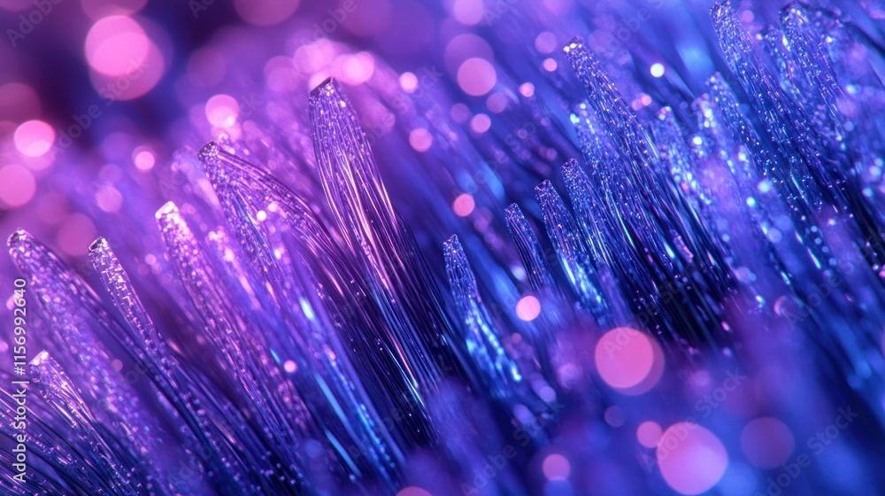 Poster close-up of vibrant purple and blue fibers with bokeh background.