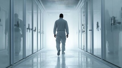 Fototapeta premium Person walking down a sterile hallway in a medical facility with mist and glass