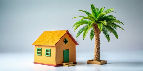 Minimalist backdrop: Cardboard house, palm tree silhouette, perfect for product photography.
