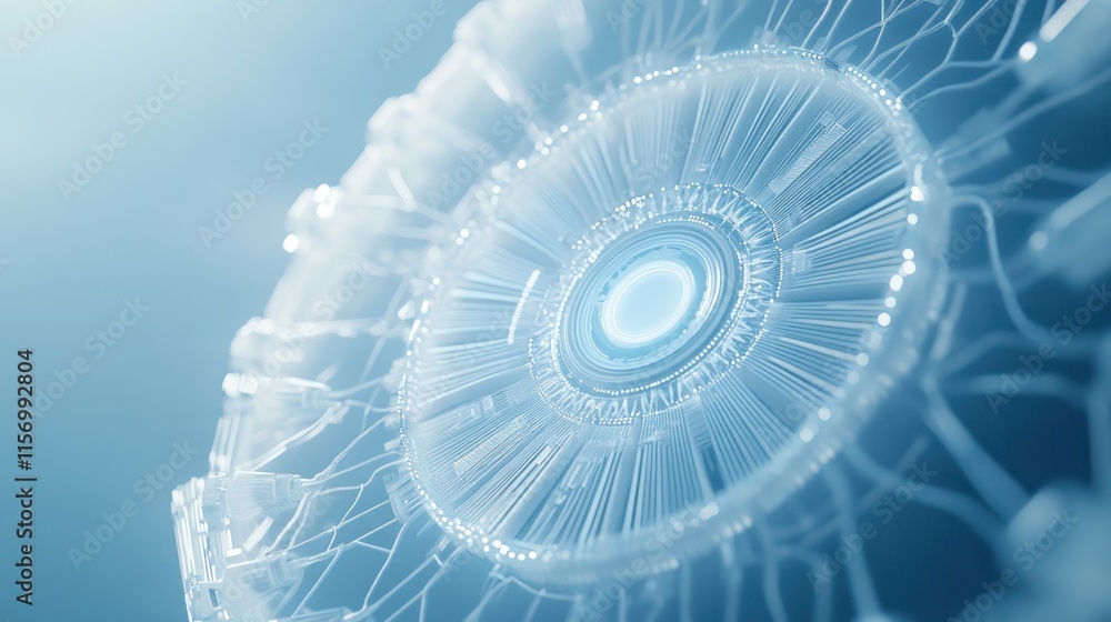 Poster abstract 3d rendering of a futuristic technological device with intricate details and a glowing core