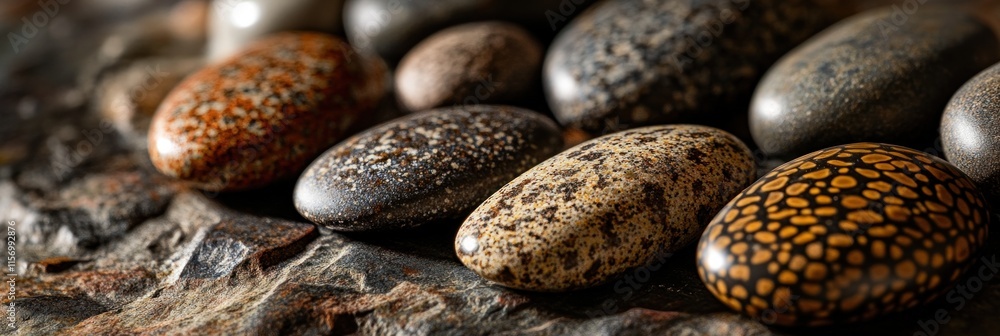 Poster Close-up of smooth, oval-shaped stones with unique patterns and textures, arranged on a dark, rough surface.