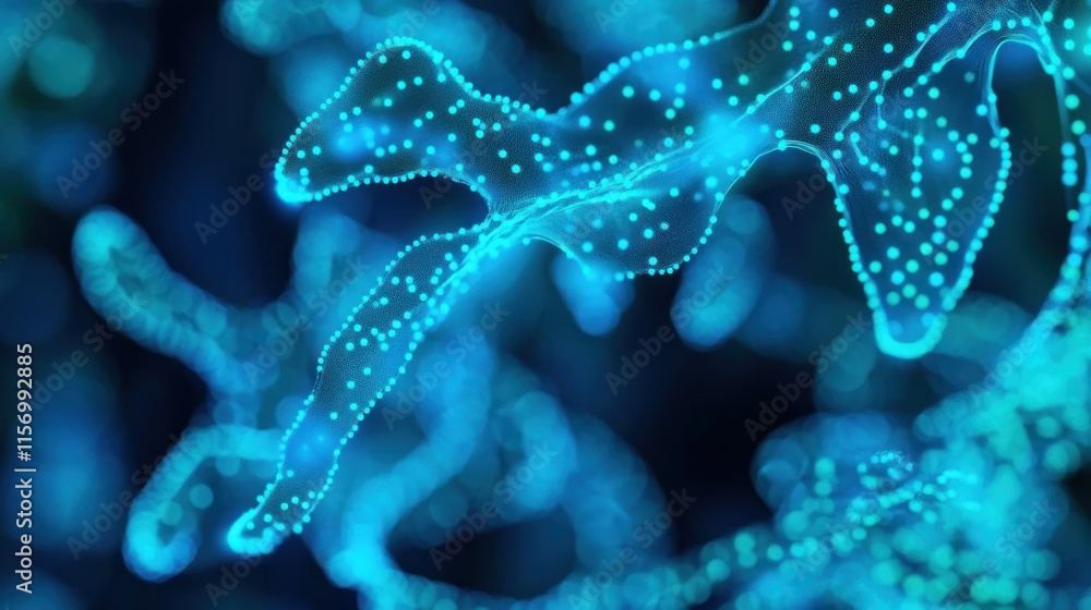 Poster Abstract glowing blue particles forming flowing shapes on dark background.