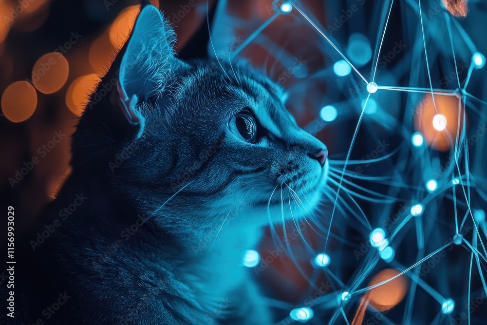 Poster a curious tabby cat gazing at illuminated network lights.
