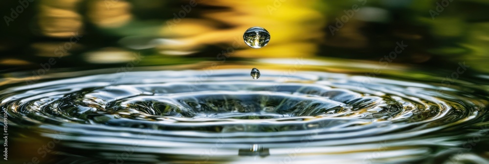 Poster Water droplet falling, creating concentric ripples on a calm water surface.