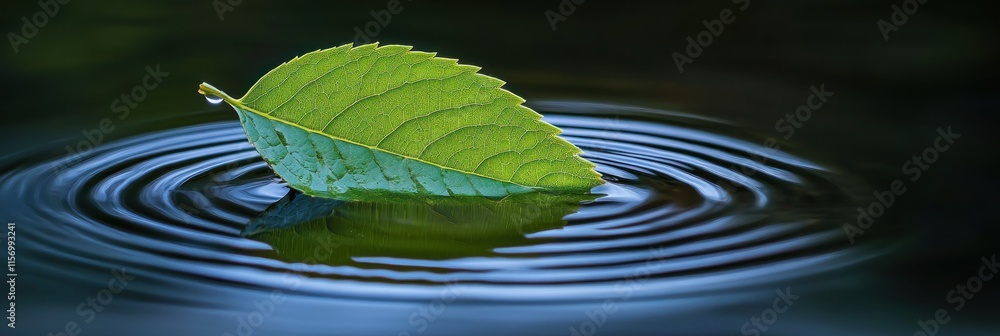 Poster Green leaf floats on calm water, creating concentric ripples. (1)
