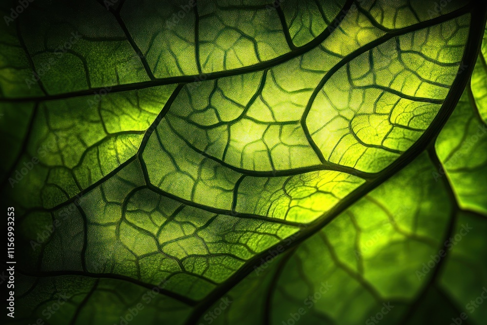 Poster close-up of a vibrant green leaf's intricate vein structure, illuminated from behind, showing its te