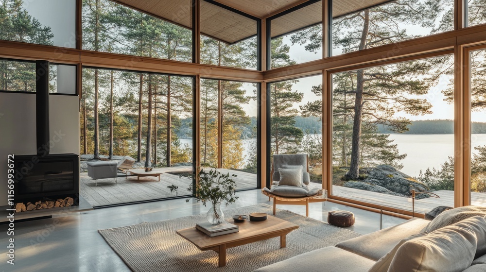 Poster modern minimalist home with expansive windows overlooking tranquil lake and forest.