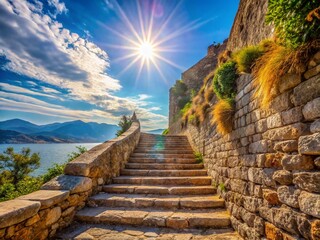 Fototapeta premium Nafplio, Greece: Palamidi Fortress Staircase Detail - Bright Summer Day