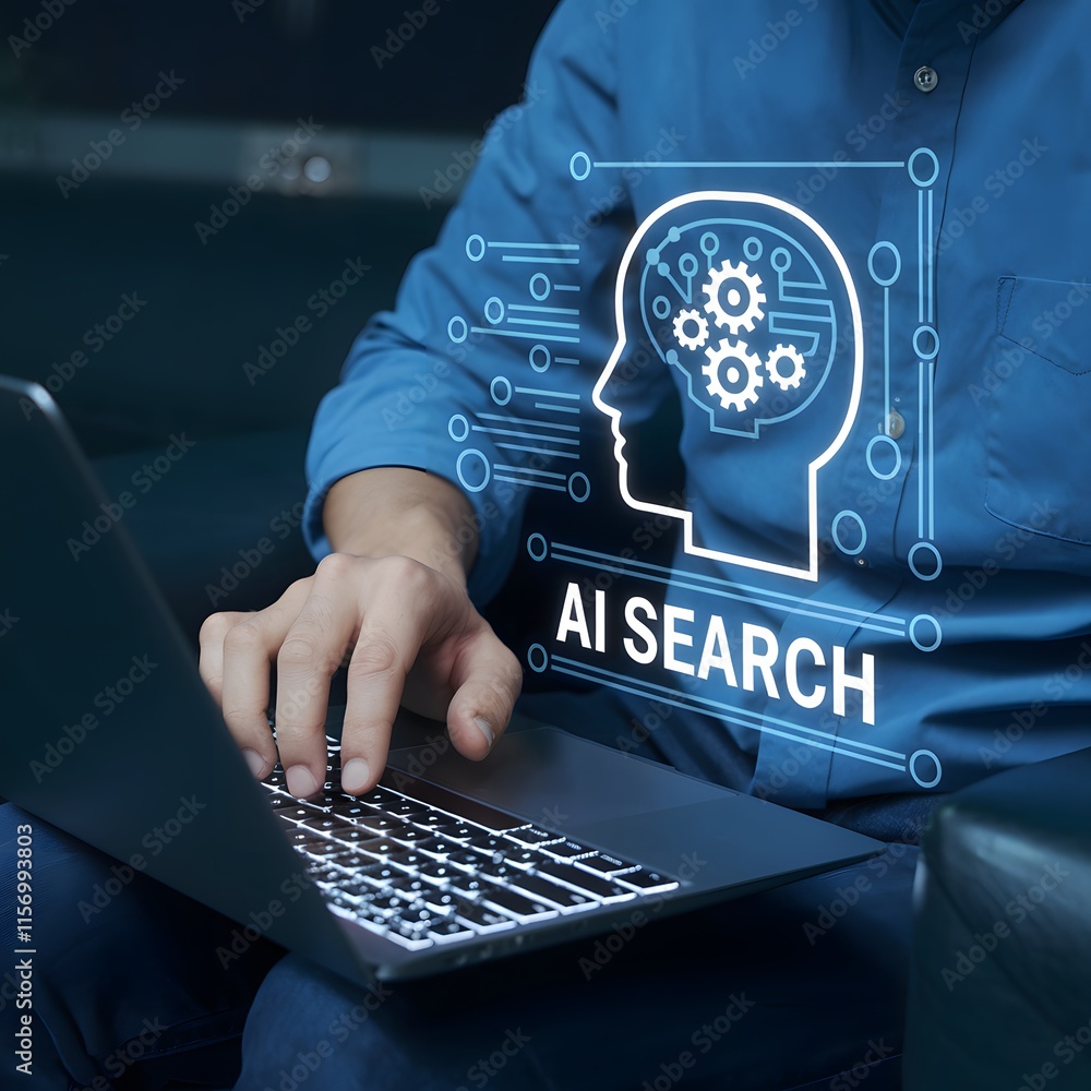 Poster Man uses AI search engine on smartphone and laptop for data optimization