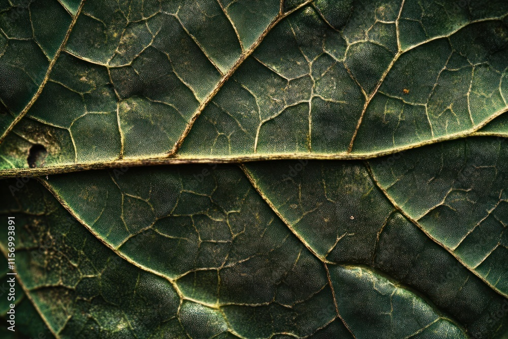 Poster close-up of a dark green leaf's intricate vein texture and patterns.