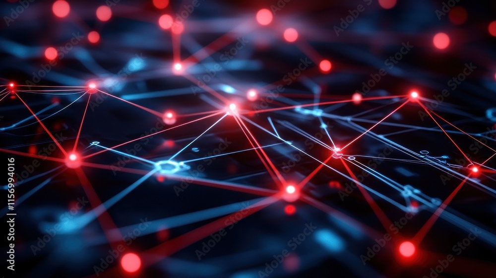 Aufkleber Abstract network connection with glowing nodes and lines in red and blue.