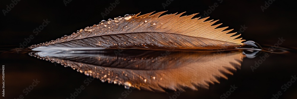 Poster dew-kissed feather floats on dark water, creating a perfect reflection.
