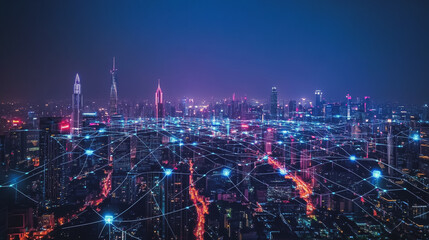 Fototapeta premium Smart digital Innovation city with connection network reciprocity over the cityscape. of future smart wireless digital city and social media networking systems that connects people with in city