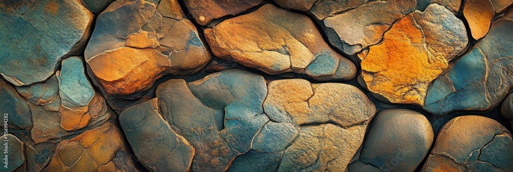 Aufkleber close-up view of multicolored, textured stones forming a mosaic-like pattern.