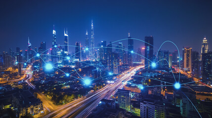 Fototapeta premium Smart digital Innovation city with connection network reciprocity over the cityscape. of future smart wireless digital city and social media networking systems that connects people with in city