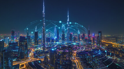 Fototapeta premium Smart digital Innovation city with connection network reciprocity over the cityscape. of future smart wireless digital city and social media networking systems that connects people with in city