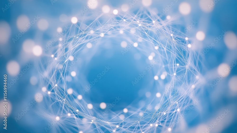 Poster abstract blue background with glowing circular network connections and bokeh lights.