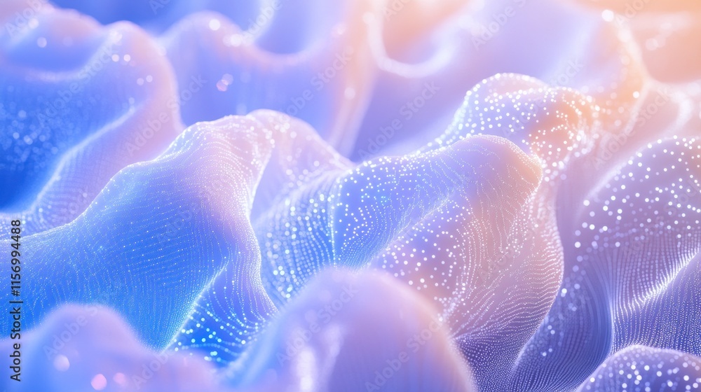 Aufkleber abstract wavy surface with glowing particles, blue and orange gradient.