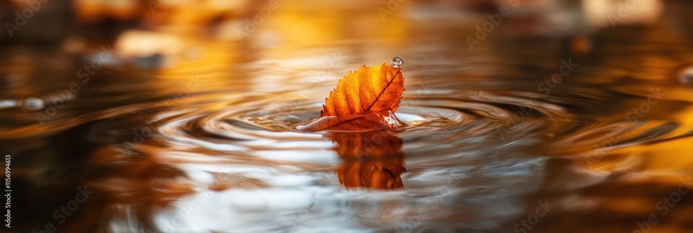 Poster Autumn leaf floats on water, creating ripples.