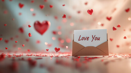Kraft paper envelope with white card with "Love You" inscription for Valentine's Day, Mother's Day, Father's Day. Bokeh lights and red hearts in the background, copy space