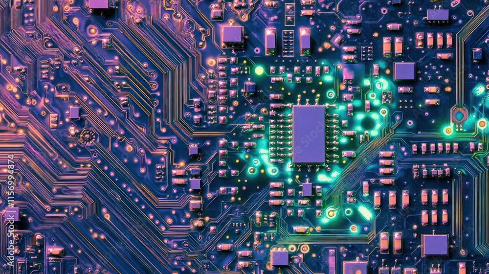 Aufkleber Close-up of a circuit board with glowing components.
