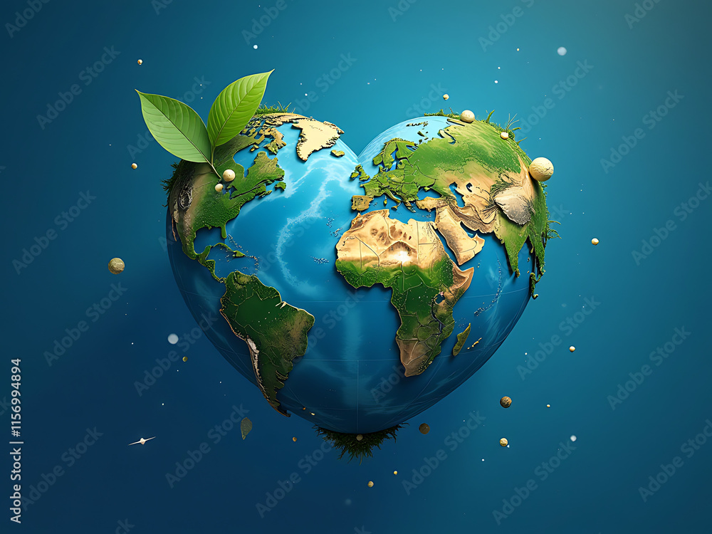 Poster the earth is depicted as a heart shape with elements from space on a blue background, symbolizing ec