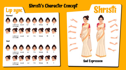 Sad woman cartoon. Sad Indian female cartoon. cartoon woman sad face expression & hand gesture. Cartoon woman face lip sync set. Woman cartoon character, illustration, vector, art.