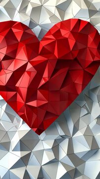 Red heart sculpture stands out against geometric background in this striking artistic display