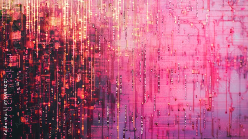 Poster Abstract pink and orange digital background with glowing lines and patterns.
