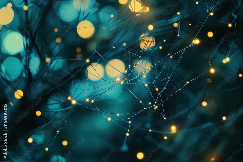 Poster Abstract network glowing lights bokeh background.