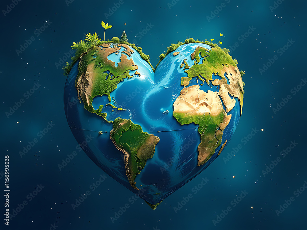 Poster the earth is depicted as a heart shape with elements from space on a blue background, symbolizing ec