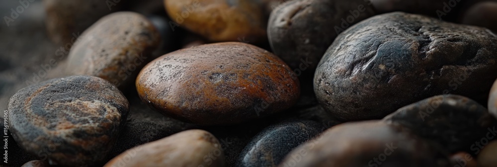 Poster close-up of smooth, multicolored river rocks.