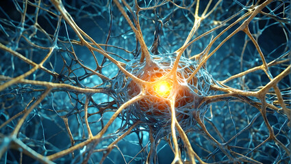 3d rendering of neuron cell with glowing light in the brain, science background