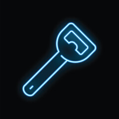 Blue neon sign of a bottle opener glowing on a black background