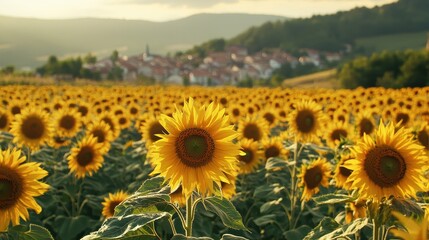 Fototapeta premium Sunflower Fields Under Misty Mountains at Sunset