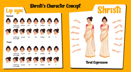 Tired woman cartoon. Tired Indian female cartoon. cartoon woman tired face expression & hand gesture. Cartoon woman face lip sync set. Woman cartoon character, illustration, vector, art.