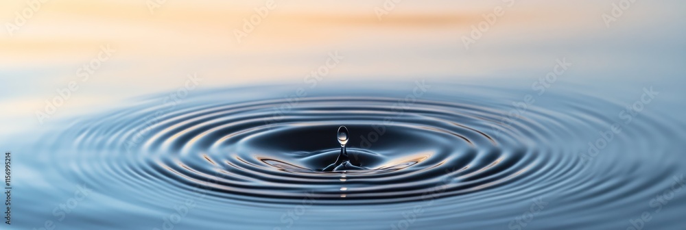 Poster water droplet falling, creating concentric ripples on calm water surface.