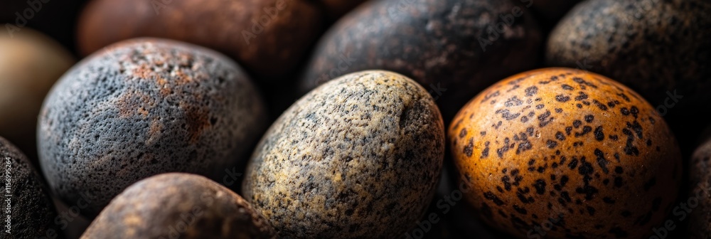 Poster close-up of various speckled stones, showcasing their unique textures and colors.