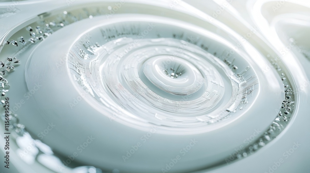 Poster abstract swirling white concentric circles, glossy texture, futuristic design.