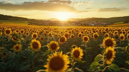Fototapeta premium Sunset Over a Sunflower Field in the Countryside