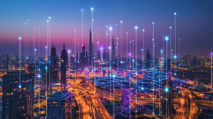 Fototapeta premium Smart digital Innovation city with connection network reciprocity over the cityscape. of future smart wireless digital city and social media networking systems that connects people with in city