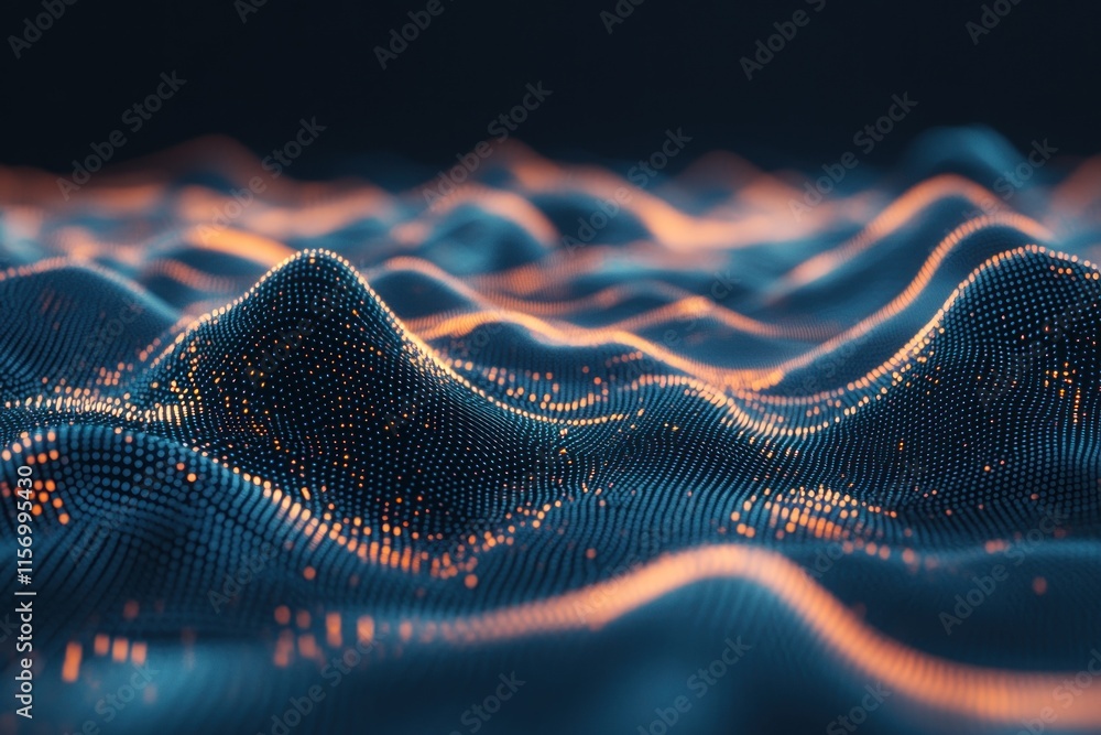 Aufkleber Abstract digital landscape with glowing particles forming undulating waves.