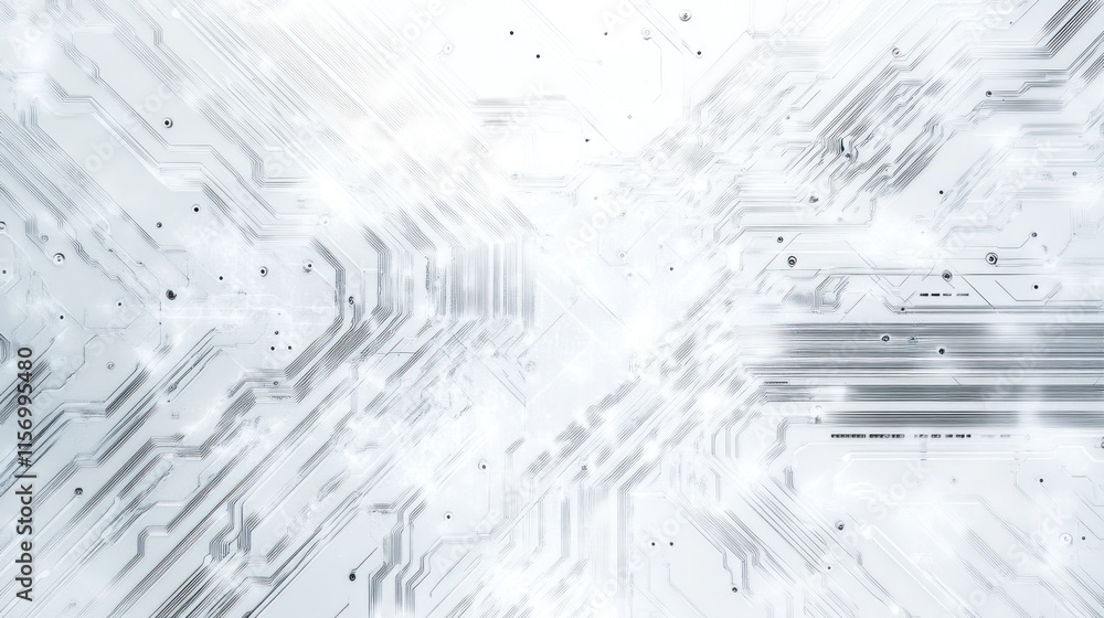 Poster Abstract white circuit board texture with glowing lines and particles.