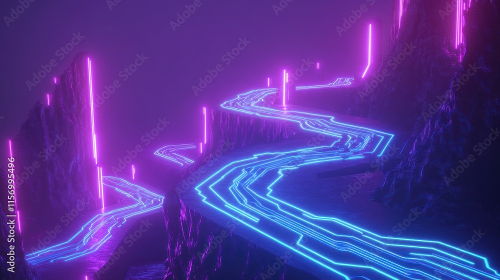 Poster abstract neon glowing lines forming a path on a dark, rocky landscape.