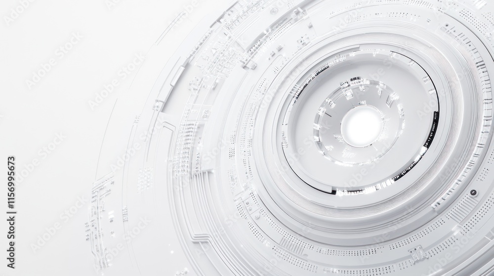 Poster abstract white technological circular design with concentric rings and circuitry details.