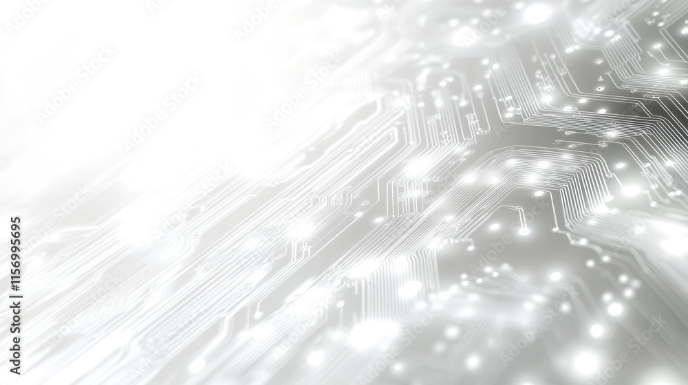 Aufkleber Abstract grayscale circuit board background with glowing particles.