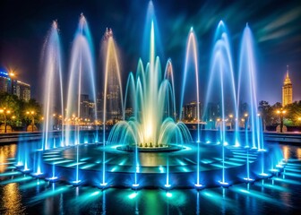 Night Fountain, Water Jet, Illuminated Spray, Cityscape, Dark Background